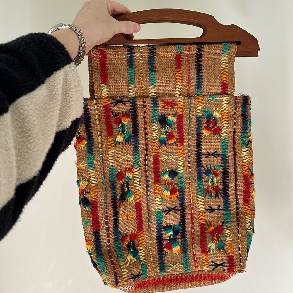 Vintage wood handled bag rainbow stitching